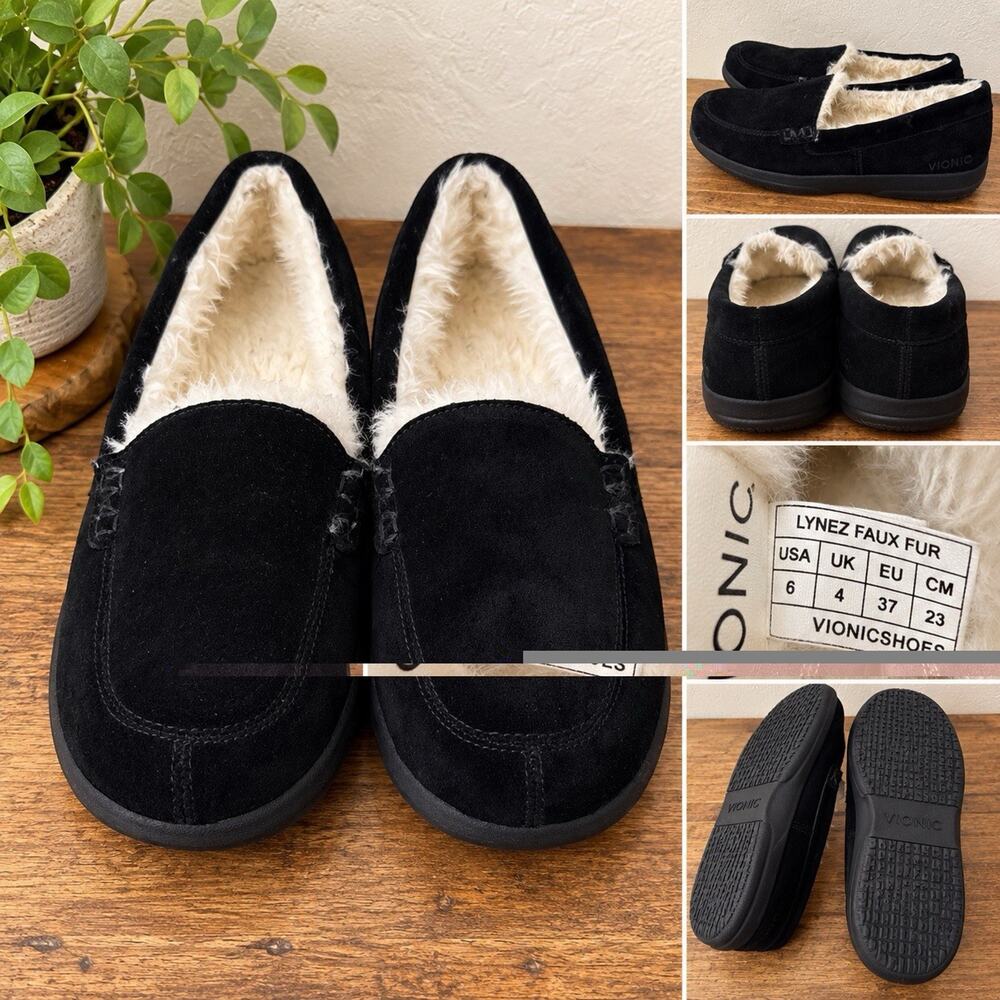 Vionic Lynez Women’s 6 Black Faux Fur Lined Suede Moccasin Slippers